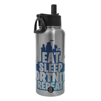 Eat Sleep Fortnite Repeat, Μεταλλικό παγούρι θερμός Silver με καλαμάκι και χερούλι (Stainless steel), διπλού τοιχώματος, 950ml