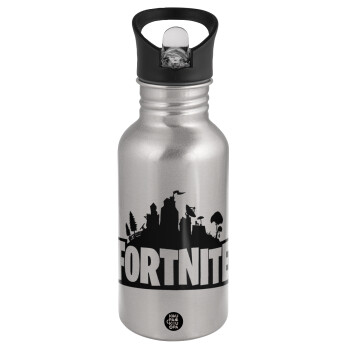Fortnite, Water bottle Silver with straw, stainless steel 500ml