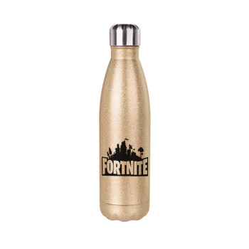 Fortnite, Μεταλλικό παγούρι θερμός Glitter χρυσό (Stainless steel), διπλού τοιχώματος, 500ml
