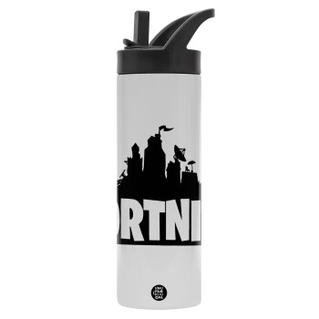 Fortnite, Μεταλλικό παγούρι θερμός με καλαμάκι & χειρολαβή, ανοξείδωτο ατσάλι (Stainless steel 304), διπλού τοιχώματος, 600ml