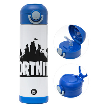 Fortnite, Children's hot water bottle, stainless steel, with safety straw, BLUE (500ml)