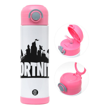 Fortnite, Children's hot water bottle, stainless steel, with safety straw, PINK (500ml)