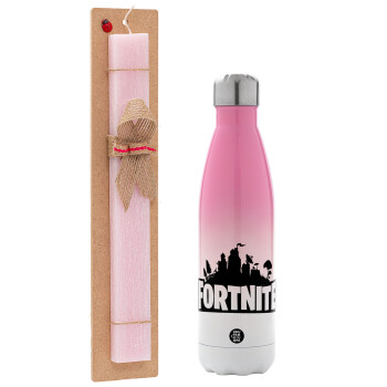 Fortnite, Easter Set, Metallic pink/white (Stainless steel) thermos, double-walled, 500ml & aromatic flat Easter candle (30cm) (PINK)