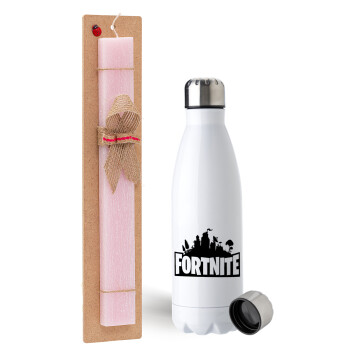 Fortnite, Easter Set, metallic stainless steel water bottle (750ml) & scented flat Easter candle (30cm) (PINK)