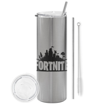 Fortnite, Eco friendly stainless steel Silver tumbler 600ml, with metal straw & cleaning brush