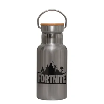 Fortnite, Μεταλλικό παγούρι θερμός (Stainless steel) Ασημένιο με ξύλινο καπακι (bamboo), διπλού τοιχώματος, 350ml