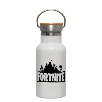 Fortnite, Μεταλλικό παγούρι θερμός (Stainless steel) Λευκό με ξύλινο καπακι (bamboo), διπλού τοιχώματος, 350ml