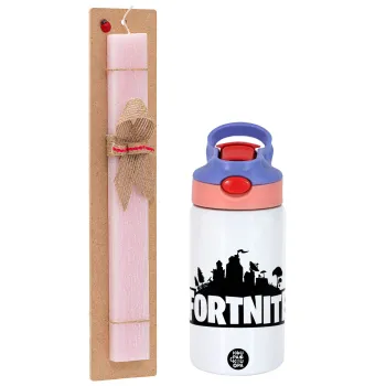 Fortnite, Easter Set, Children's thermal stainless steel water bottle with safety straw, pink/purple (350ml) & Easter scented flat candle (30cm) (PINK)