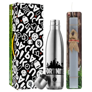 Fortnite, Easter Set, metallic stainless thermos flask (500ml) & scented flat Easter candle (30cm) (GRAY)