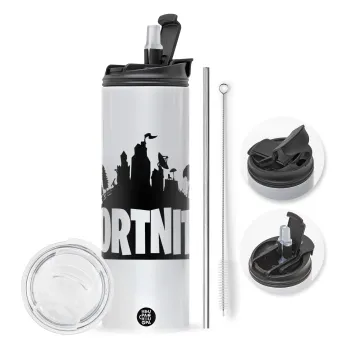 Fortnite, Travel Tumbler θερμό με διπλό καπάκι, μεταλλικό καλαμάκι και βούρτσα καθαρισμού (Ανωξείδωτο 304 Food grade, BPA free, 600ml)