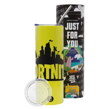Fortnite, Neon Yellow Travel Tumbler θερμό, μεταλλικό καλαμάκι(Ανωξείδωτο 304 Food grade, BPA free, 600ml)