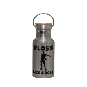 Fortnite Floss Like a Boss, Stainless steel metallic thermos flask, silver with a bamboo lid, double-walled, 350ml.