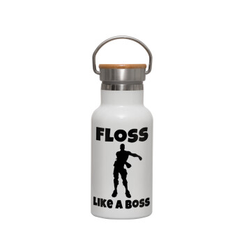 Fortnite Floss Like a Boss, Metallic thermos (Stainless steel) White with wooden lid (bamboo), double-walled, 350ml