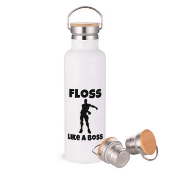 Fortnite Floss Like a Boss, Stainless steel White with wooden lid (bamboo), double wall, 750ml