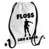 Fortnite Floss Like a Boss, Τσάντα πλάτης πουγκί GYMBAG λευκή, με τσέπη (40x48cm) & χονδρά κορδόνια