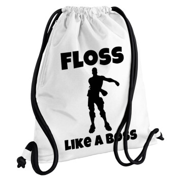Fortnite Floss Like a Boss, Backpack pouch GYMBAG white, with pocket (40x48cm) & thick cords