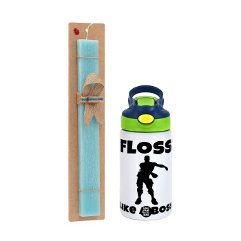 Fortnite Floss Like a Boss, Easter Set, Children's thermal stainless steel bottle with safety straw, green/blue (350ml) & aromatic flat Easter candle (30cm) (TURQUOISE)