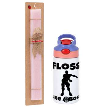 Fortnite Floss Like a Boss, Easter Set, Children's thermal stainless steel water bottle with safety straw, pink/purple (350ml) & Easter scented flat candle (30cm) (PINK)