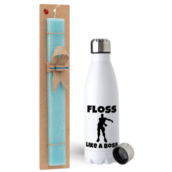 Fortnite Floss Like a Boss, Easter Set, metallic stainless steel water bottle (750ml) & aromatic flat Easter candle (30cm) (TURQUOISE)