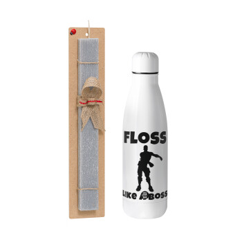 Fortnite Floss Like a Boss, Easter Set, metallic stainless thermos bottle (500ml) & scented flat Easter candle (30cm) (GRAY)