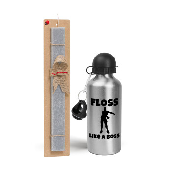 Fortnite Floss Like a Boss, Easter Set, metallic silver aluminum water bottle (500ml) & aromatic flat Easter candle (30cm) (GRAY)