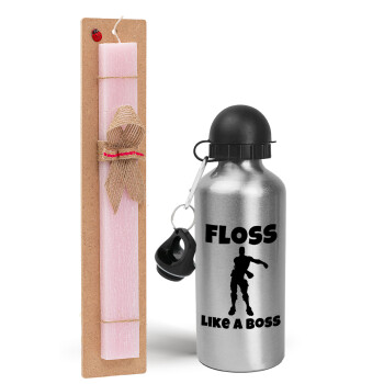 Fortnite Floss Like a Boss, Easter Set, metallic Silver aluminum water bottle (500ml) & scented flat Easter candle (30cm) (PINK)