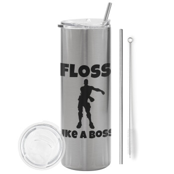 Fortnite Floss Like a Boss, Eco friendly stainless steel Silver tumbler 600ml, with metal straw & cleaning brush