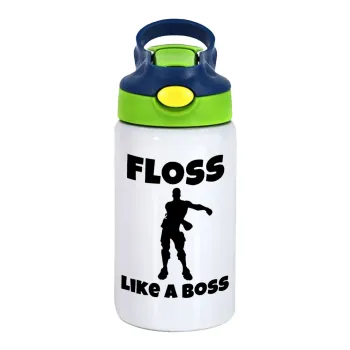 Fortnite Floss Like a Boss, Children's hot water bottle, stainless steel, with safety straw, green, blue (350ml)