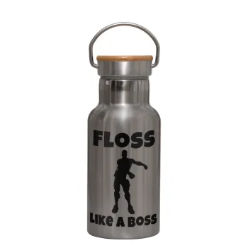 Fortnite Floss Like a Boss, Μεταλλικό παγούρι θερμός (Stainless steel) Ασημένιο με ξύλινο καπακι (bamboo), διπλού τοιχώματος, 350ml