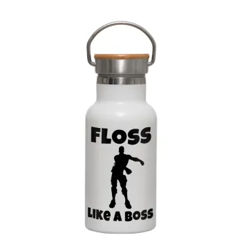 Fortnite Floss Like a Boss, Μεταλλικό παγούρι θερμός (Stainless steel) Λευκό με ξύλινο καπακι (bamboo), διπλού τοιχώματος, 350ml