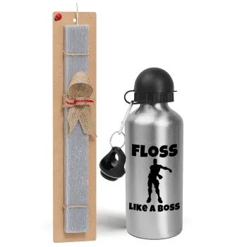 Fortnite Floss Like a Boss, Easter Set, metallic silver aluminum water bottle (500ml) & aromatic flat Easter candle (30cm) (GRAY)