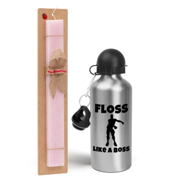 Fortnite Floss Like a Boss, Easter Set, metallic Silver aluminum water bottle (500ml) & scented flat Easter candle (30cm) (PINK)