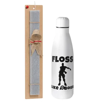 Fortnite Floss Like a Boss, Easter Set, metallic stainless thermos bottle (500ml) & scented flat Easter candle (30cm) (GRAY)