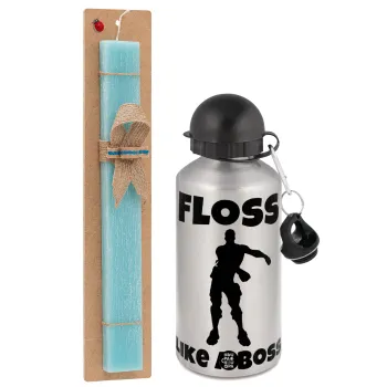 Fortnite Floss Like a Boss, Πασχαλινή Λαμπάδα με παγούρι μεταλλικό Ασημένιο αλουμινίου (500ml) & κερί αρωματικό πλακέ (30cm) (ΤΙΡΚΟΥΑΖ)