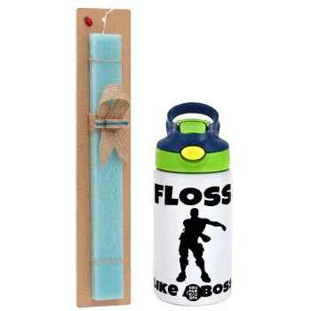 Fortnite Floss Like a Boss, Easter Set, Children's thermal stainless steel bottle with safety straw, green/blue (350ml) & aromatic flat Easter candle (30cm) (TURQUOISE)