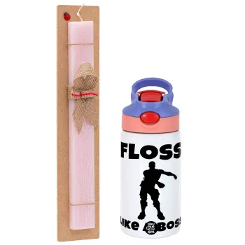 Fortnite Floss Like a Boss, Easter Set, Children's thermal stainless steel water bottle with safety straw, pink/purple (350ml) & Easter scented flat candle (30cm) (PINK)