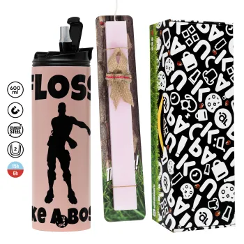 Fortnite Floss Like a Boss, Easter candle,Travel Tumbler 2 Lids, with metal straw & cleaning brush & aromatic flat candle (30cm) (PINK)