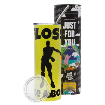 Fortnite Floss Like a Boss, Neon Yellow Travel Tumbler θερμό, μεταλλικό καλαμάκι(Ανωξείδωτο 304 Food grade, BPA free, 600ml)