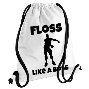 Fortnite Floss Like a Boss, Backpack pouch GYMBAG white, with pocket (40x48cm) & thick cords