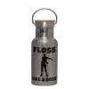Stainless steel metallic thermos flask, silver with a bamboo lid, double-walled, 350ml.
