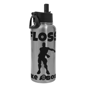 Fortnite Floss Like a Boss, Metal mug thermo Silver with Straw and Spout Lid (Stainless steel), double wall, 950ml