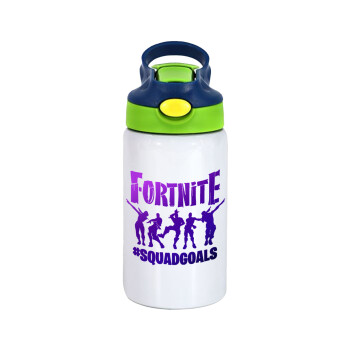 Fortnite #squadgoals, Children's hot water bottle, stainless steel, with safety straw, green, blue (350ml)