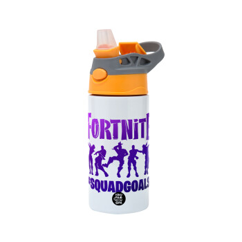 Fortnite #squadgoals, Παιδικό παγούρι θερμό, ανοξείδωτο, με καλαμάκι ασφαλείας, Πορτοκαλί/Γκρι (360ml) BPA-FREE