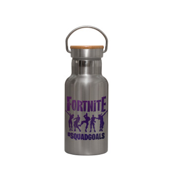 Fortnite #squadgoals, Stainless steel metallic thermos flask, silver with a bamboo lid, double-walled, 350ml.