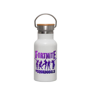 Fortnite #squadgoals, Metallic thermos (Stainless steel) White with wooden lid (bamboo), double-walled, 350ml