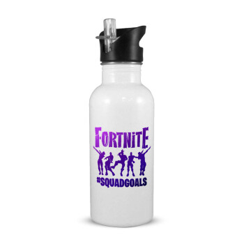 Fortnite #squadgoals, White water bottle with straw, stainless steel 600ml
