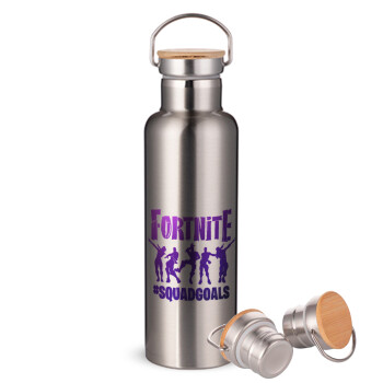 Fortnite #squadgoals, Stainless steel Silver with wooden lid (bamboo), double wall, 750ml