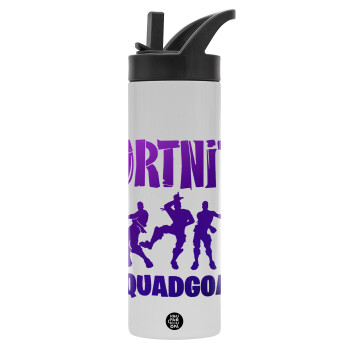 Fortnite #squadgoals, Μεταλλικό παγούρι θερμός με καλαμάκι & χειρολαβή, ανοξείδωτο ατσάλι (Stainless steel 304), διπλού τοιχώματος, 600ml