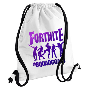 Fortnite #squadgoals, Backpack pouch GYMBAG white, with pocket (40x48cm) & thick cords