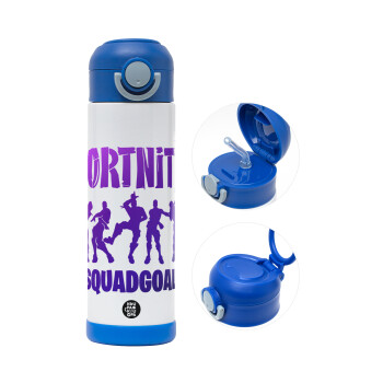 Fortnite #squadgoals, Children's hot water bottle, stainless steel, with safety straw, BLUE (500ml)